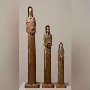 25.5" Huge Brutalist Wood Monk Statue Set (3) MCM Dark Academia Wabi-Sabi